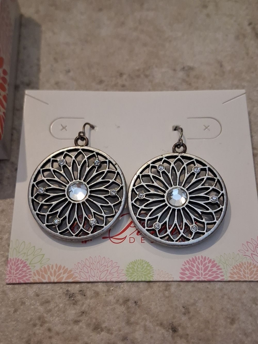 Premier Designs Silver Floral Filigree Crystal Drop Earrings